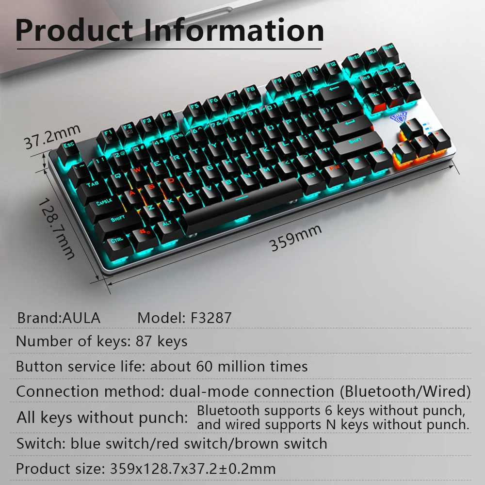 aula f3287 mechanical keyboard wireless bluetooth 87 keys backlight gaming keyboard for android windows desktop laptop pc free global shipping