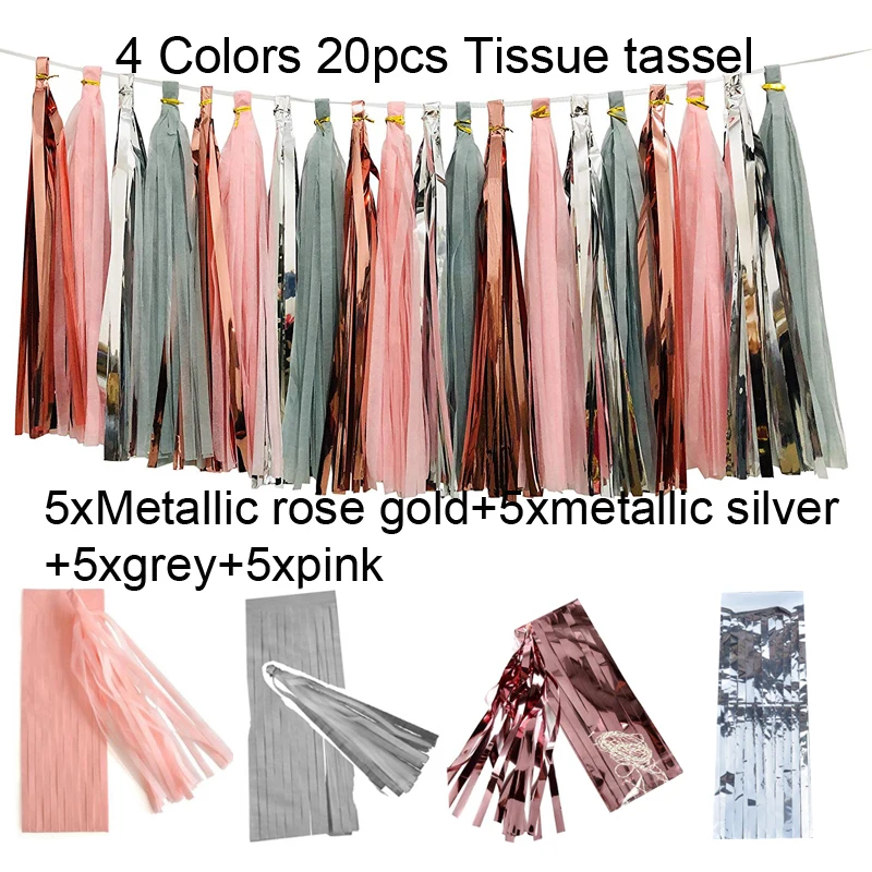 

20xGray Pink Rose Gold Silver Tissue Paper Tassel Garland DIY Kit Balloon Tail Banner for Baby Shower Birthday Bridal party deco