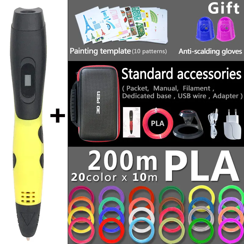 Yellow pen 200m PLA 3d Ручка 3d ручки, подарок на год для детей; подарок на день рождения, Рождество, 3 d Ручка 3d модели, Творческая 3d печатная ручка, 1,75 мм ABS/PLA нити - Цвет: Yellow pen 200m PLA