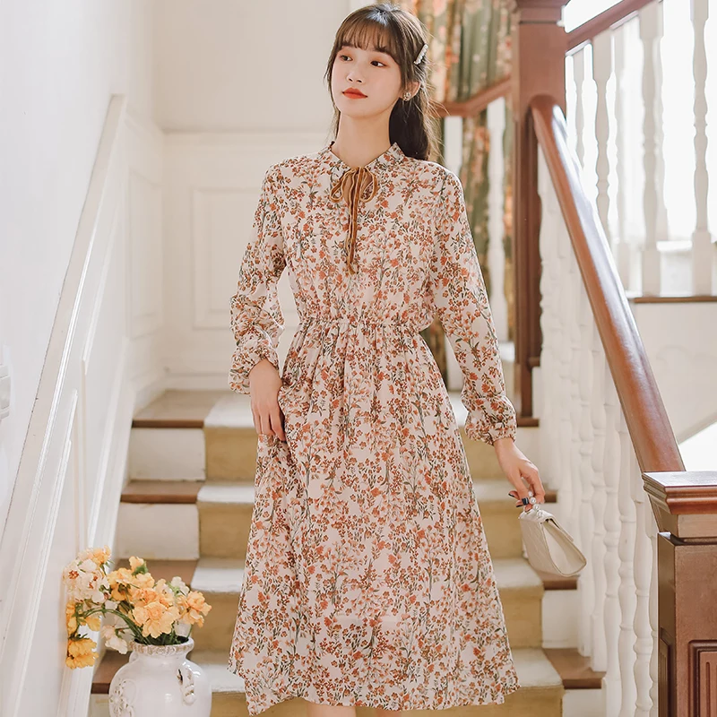 

2021 New Elegant Spring Autumn Floral Dress Women's Bowknot Long Sleeve Dress 128C