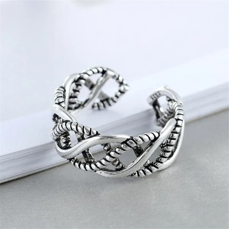 

New Creative Interwoven Hemp Rope Shaped Thai Silver Personality 925 Sterling Silver Jewelry Hollow Wave Opening Rings SR483
