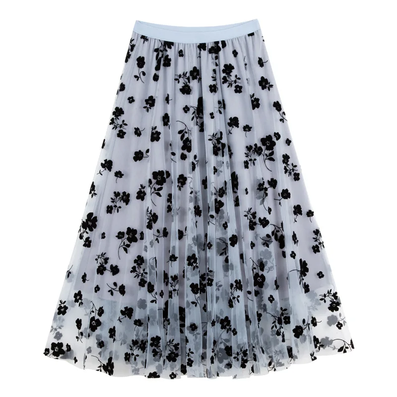 

Floral Print Black Midi Skirt 2021 Summer Women Fashion Sheer Mesh Patchwork A Line Long Skirts Female Sweet High Waist Skirt