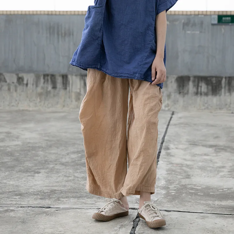 Women's Cotton Linen Pants Elastic Waist Wide Leg Pocket Pants Lady Summer Loose Casual Plus Size Retro Literary Solid Trousers