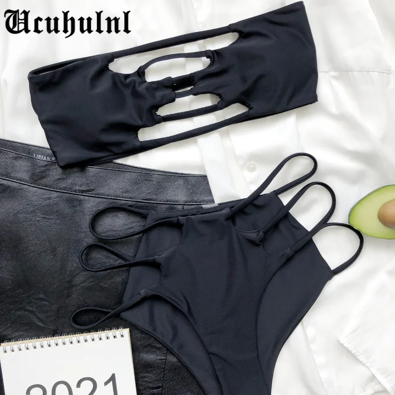 

Hollow out swimsuit women Solid bikini 2021 Bandeau swimwear female Sexy swimming suit Sport bathing suit summer String