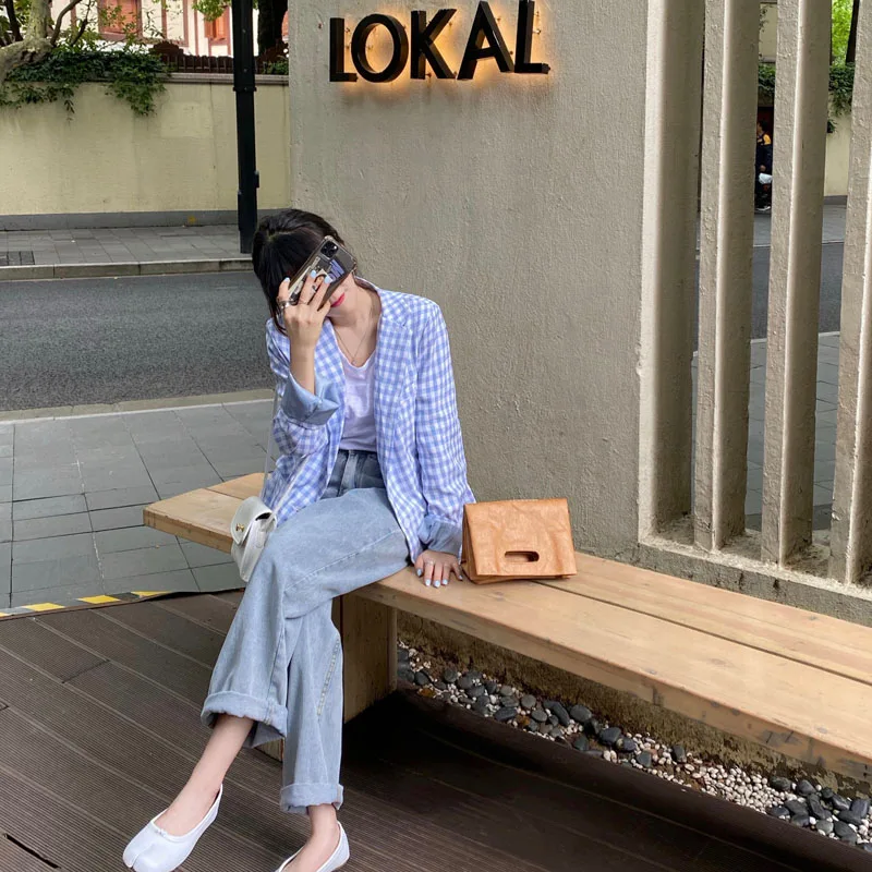 

Women Autumn Blue and White Plaid Casual Loose Blazer Jacket Coat Single Breasted Long Suit Full Sleeve Cardigan