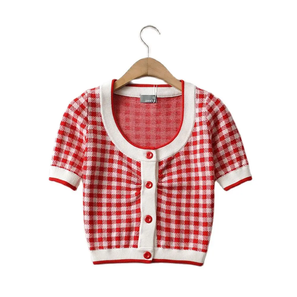 

JC·KILIG 2021 Spring And Summer New Red Checked Knitted Cardigan CT1014