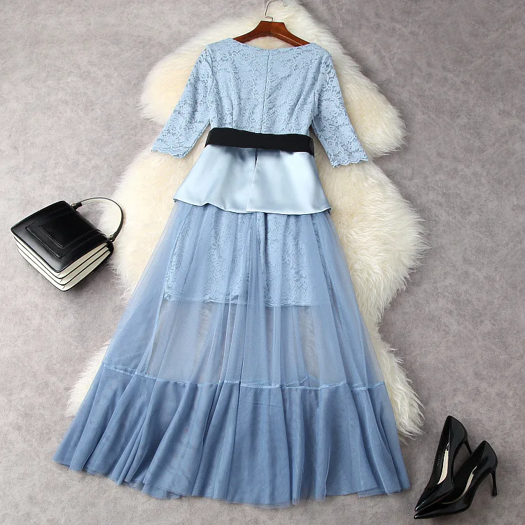 

European and American women's clothing spring 2021 new V neck with five-quarter sleeve Lace spliced mesh Fashion dress