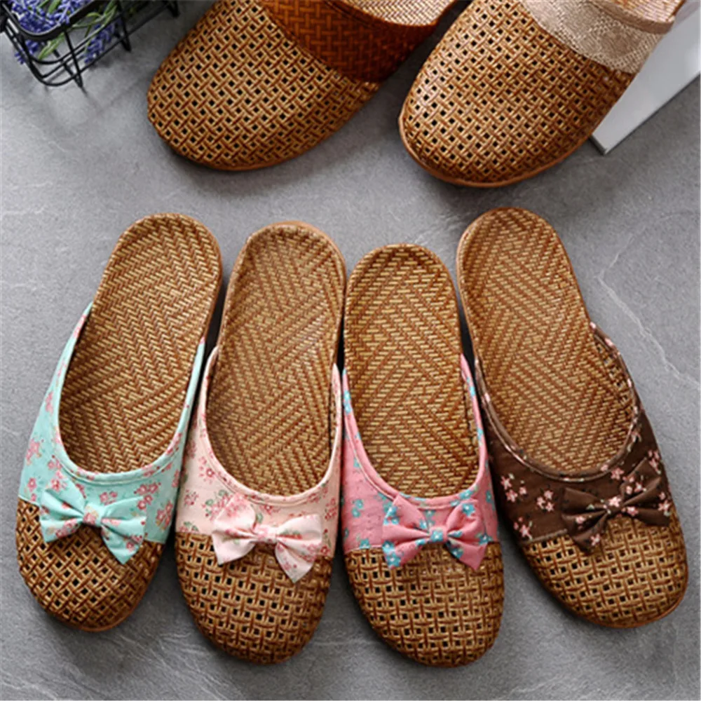 

Shose Women Slippers Summer Beach Flip Flops Breathable Linen Flat Slippers Female Casual Flax Bow Ladies Slippers Sandals Shoes