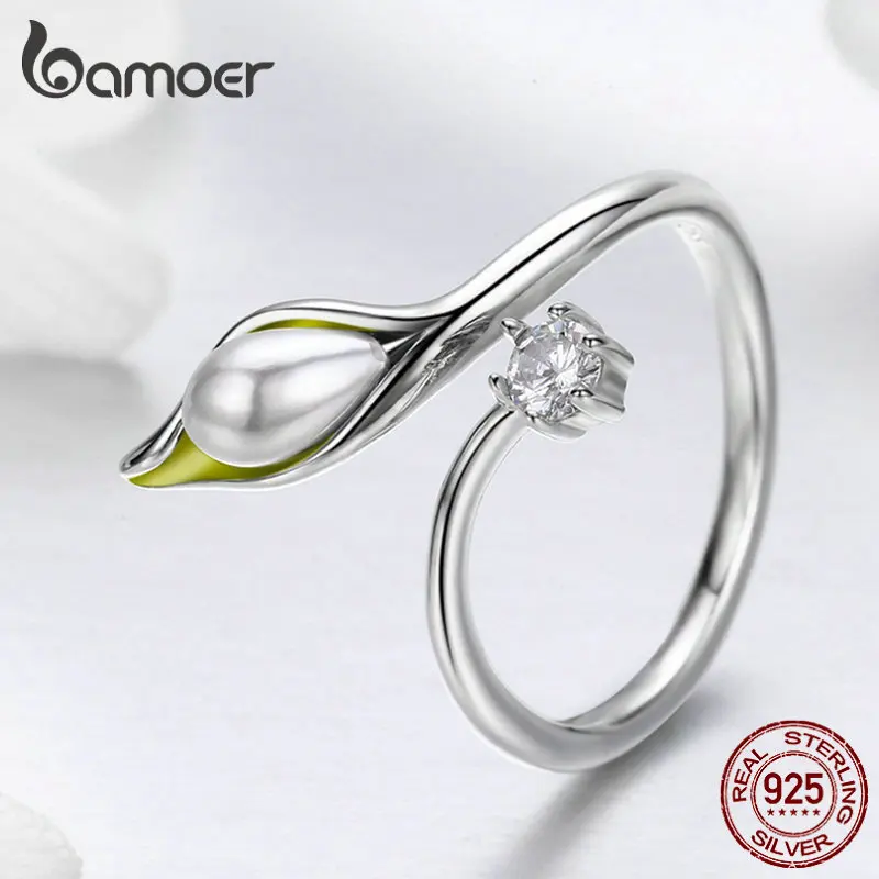 BAMOER, подлинное, 925 пробы, серебряное, элегантное, Калла, лилии, цветочные бутоны, регулируемое, Женское кольцо для женщин, обручальное, ювелирное изделие SCR299