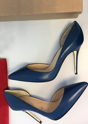 

BONJEAN High Heel Shoes Woman Pointed Toe Sexy Pumps 12/10/8cm Thin Heels Party Dress Shoe Blue Leather Heels
