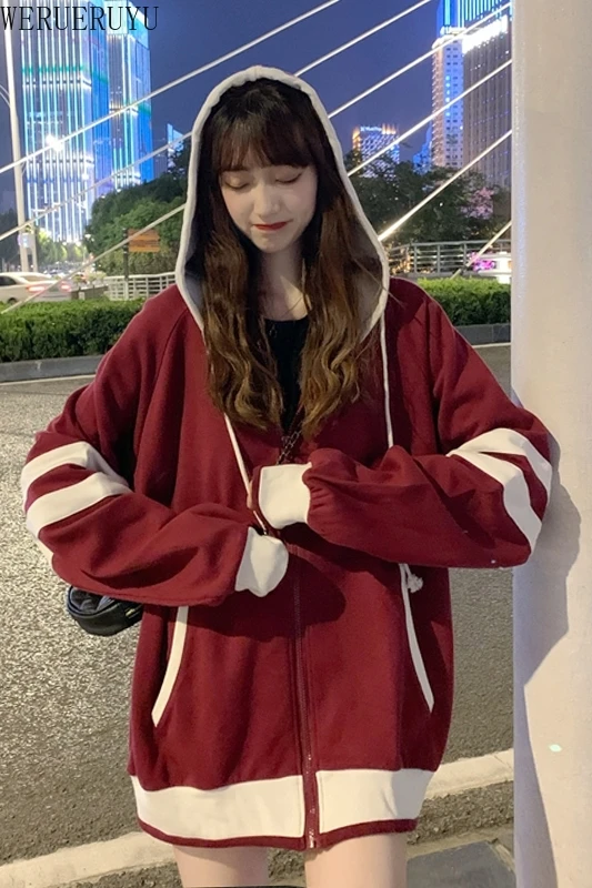 

WERUERUYU oversized zip up sweatshirt streetwear loose long-sleeved korean style jacket Autumn 2020 new zipper women tops hoodie