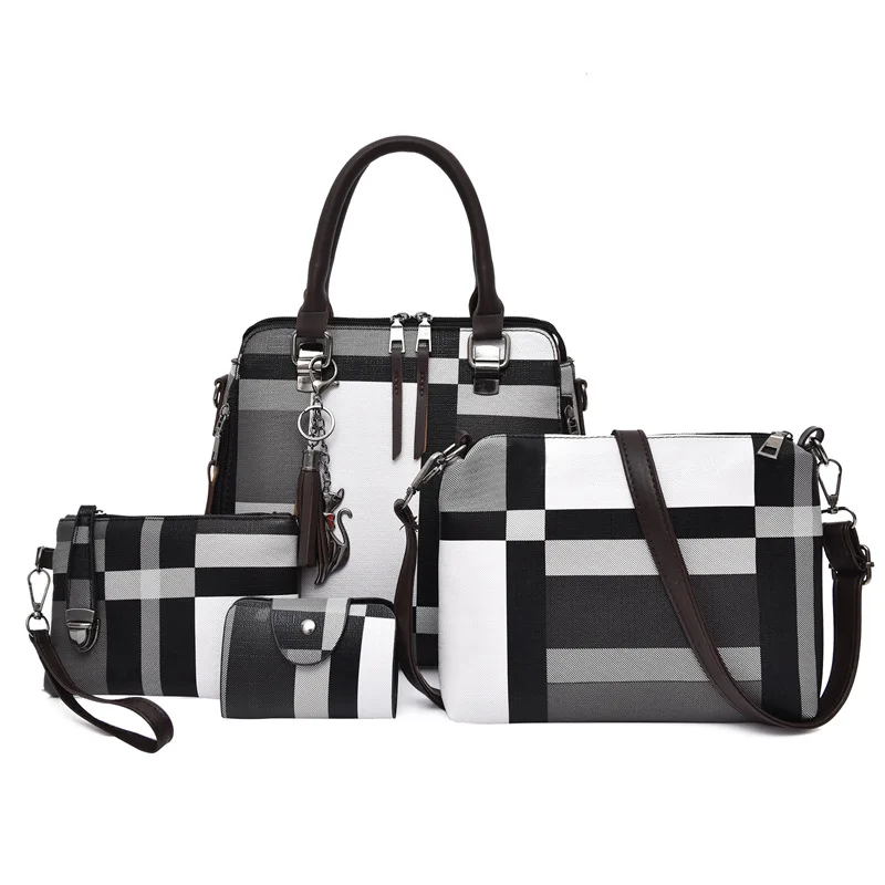 

Ladies Handbag 4PCS Women's Bag Set Fashion PU Leather Grid Print Messenger Shoulder Wallet New Fashion