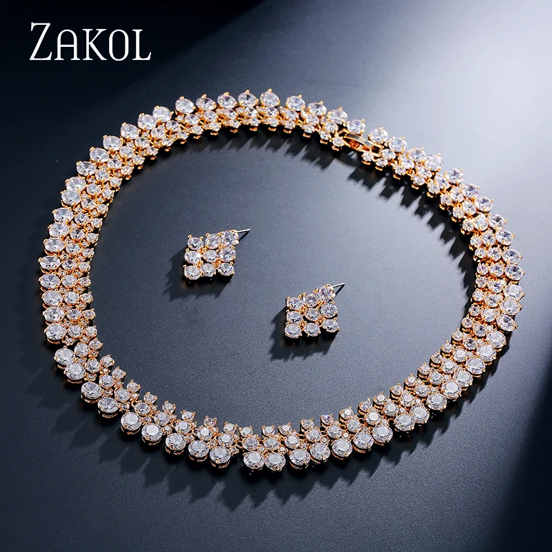 ZAKOL элегантный топ качество круглый кубический цирконий Кластер ожерелье серьги
