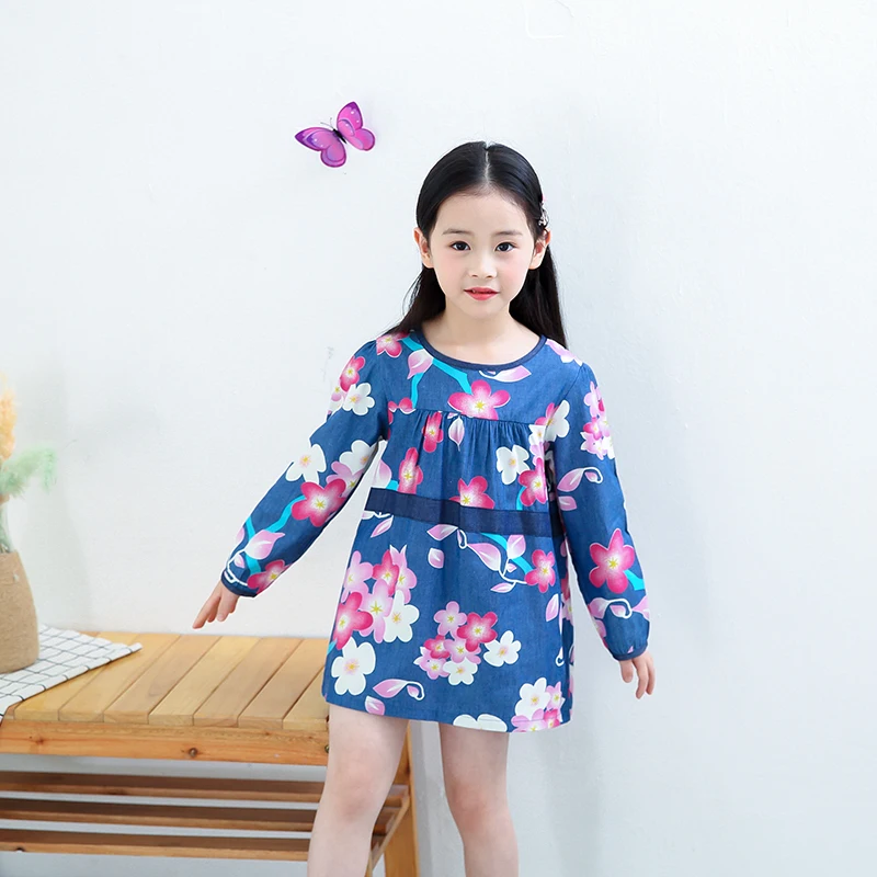 

BBD Girls Dress Spring Summer Cotton Denim Flower Long Sleeve Top Kids High Quality 2-3-4-5-6 Years Clothes