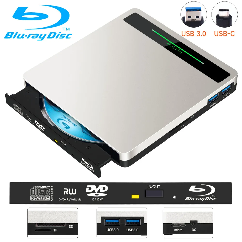 5-in-1 Blu-Ray Drive External Bluray drive Player Burner for Laptop/MacBook/Windows /PC Supports SD TF Card/USB3.0 Transfer
