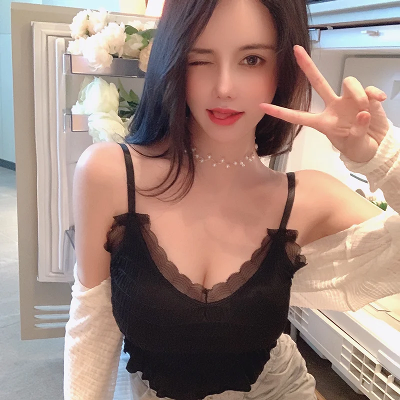 

2021women's Clothing Summer New Wear Lace Chiffon Outer Wear V-neck Small Sling Slim Vest Top FashionNuyoah