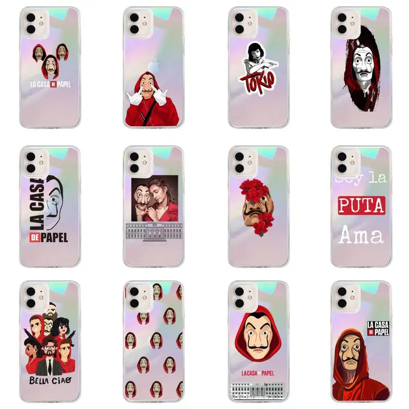 

TV Money Heist House Phone Case for iPhone huawei P 7 8 9 11 12 10 30 40 S X XS XR MINI Pro Max Plus laser Transparent Glitter