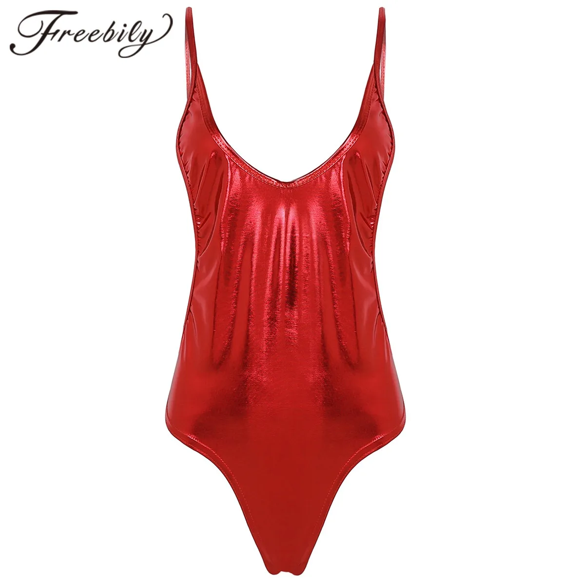 Женское пикантное боди Цельный купальник стринги без рукавов лакированная кожа