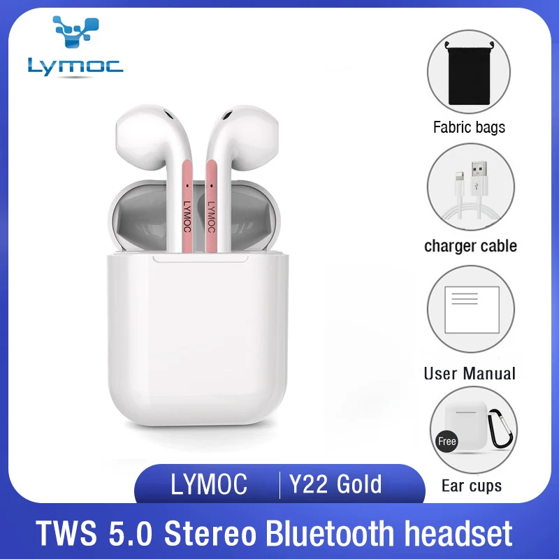 LYMOC Y22 Bluetooth наушники 5,0 TWS беспроводные наушники Авто парные стерео спортивные наушники с HD микрофоном умный голос для iPhone Xiaomi - Цвет: Gold fabric bags
