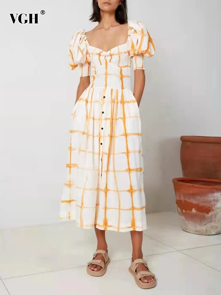 

VGH Solid Minimalist Dress For Women Square Collar Puff Sleeve High Waist Loose Midi Dresses Female Korean Fashion Clothing 2021