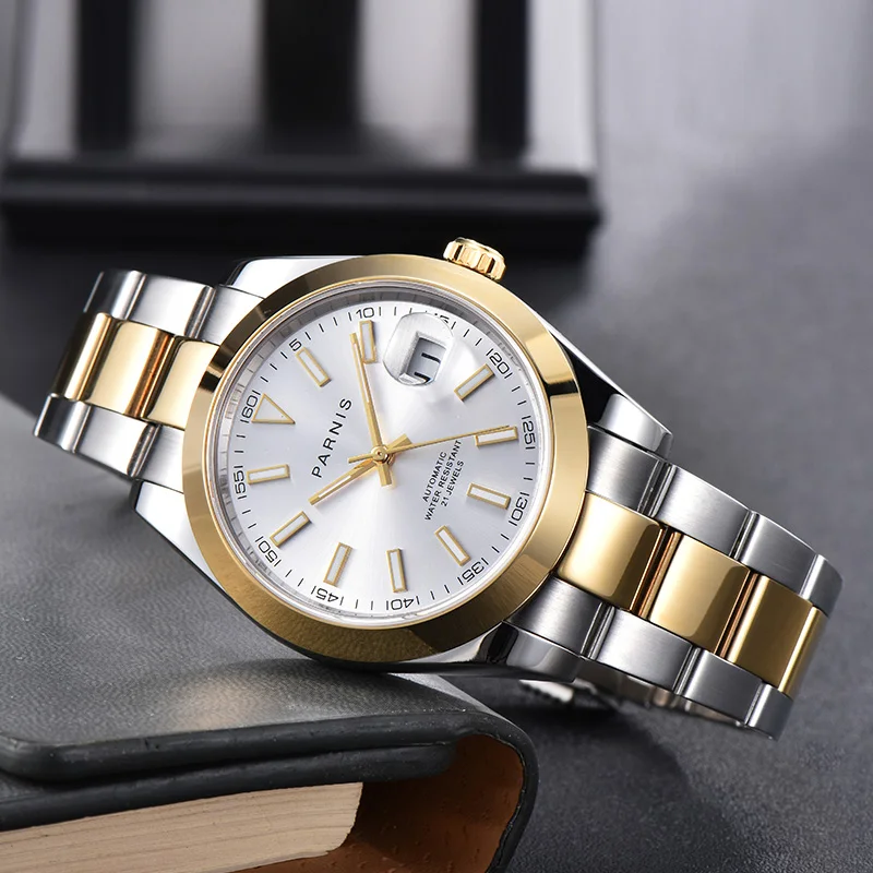 Casual Parnis White Dial Automatic Men's Watches Calendar Gold Silver Strap Mechanical Men Watch zegarek meski top luxury brand |