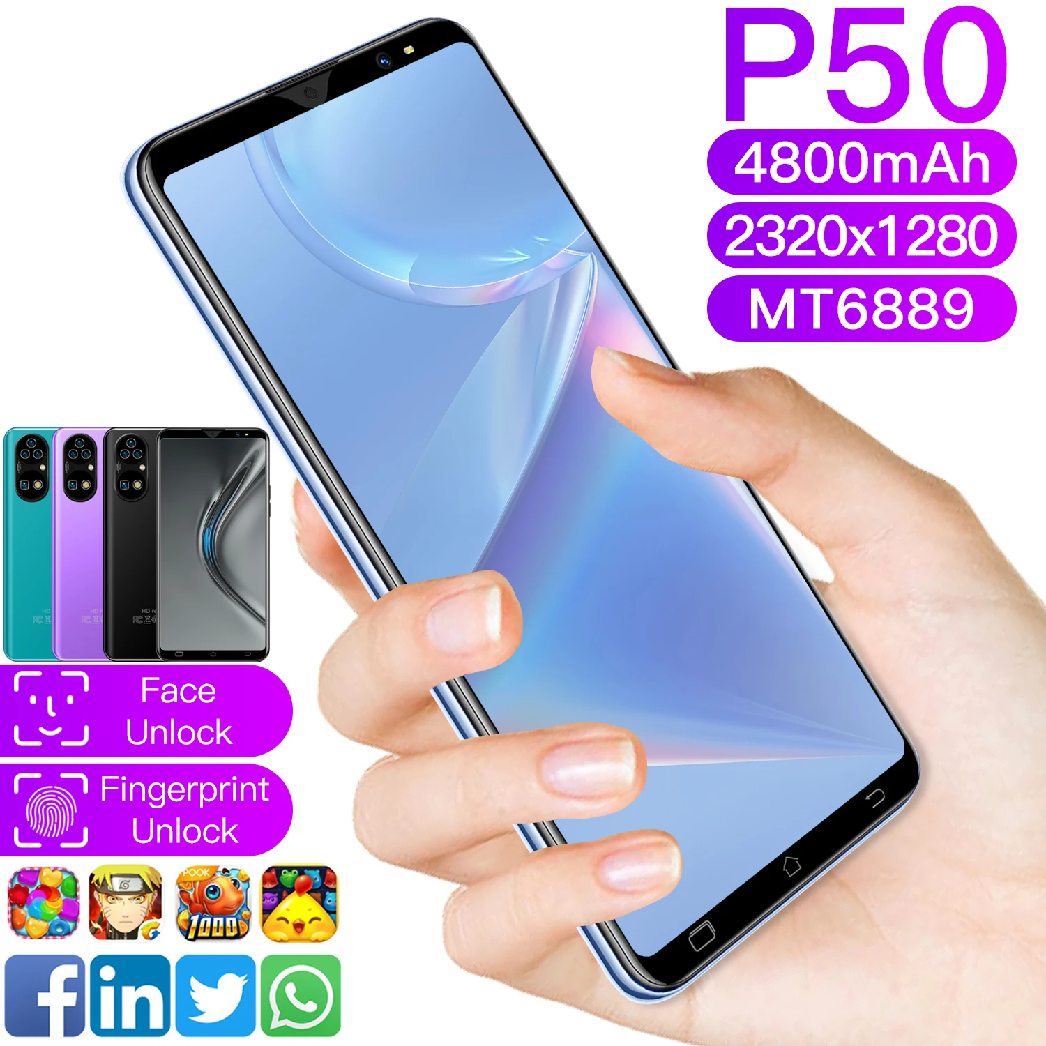 

Global Version P50 5.5 Inch 8+128G 16MP+32MP MT6889 10 Core Smartphone 5G 2320*1280 4800MAH Android10.0 Face Fingerprint ID
