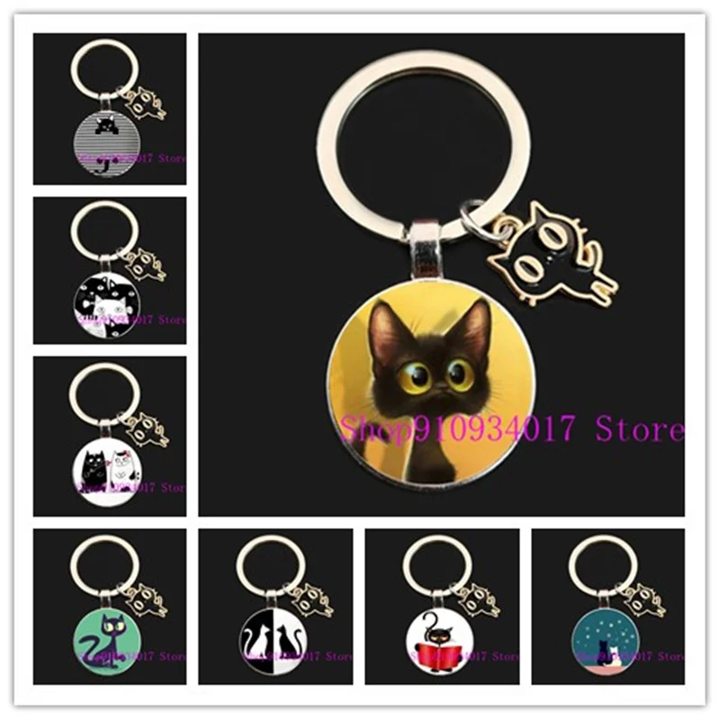 Новинка черный и белый круглый стеклянный брелок с котом креативный ручной