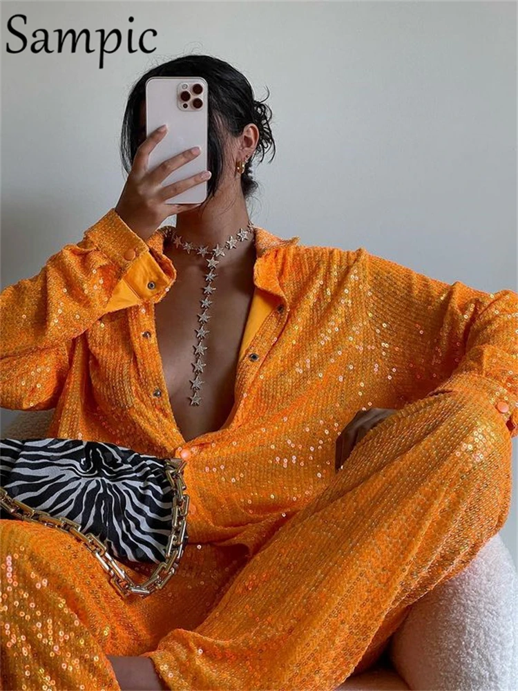 Спортивный костюм Sampic женский сексуальный летний комплект из блестящих брюк для