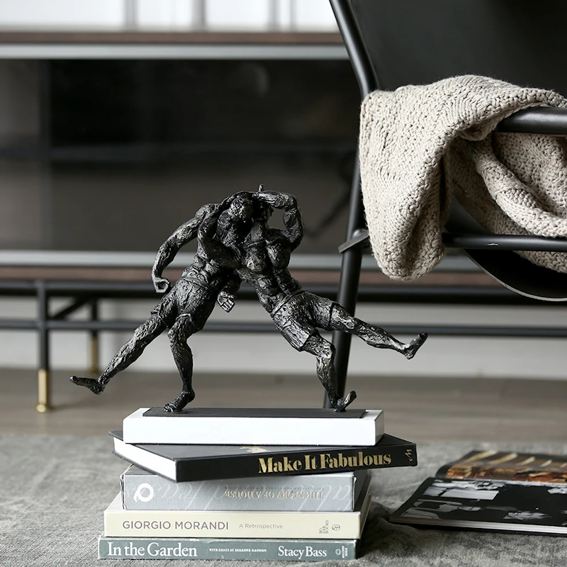 

MODERN TWO BLACK STRONG MEN DOING WRESTLING STATUE METAL SCULPTURE HOME ART GIFT FIGURINES HOME DECOR WHITE MARBLE ACCESSORIES