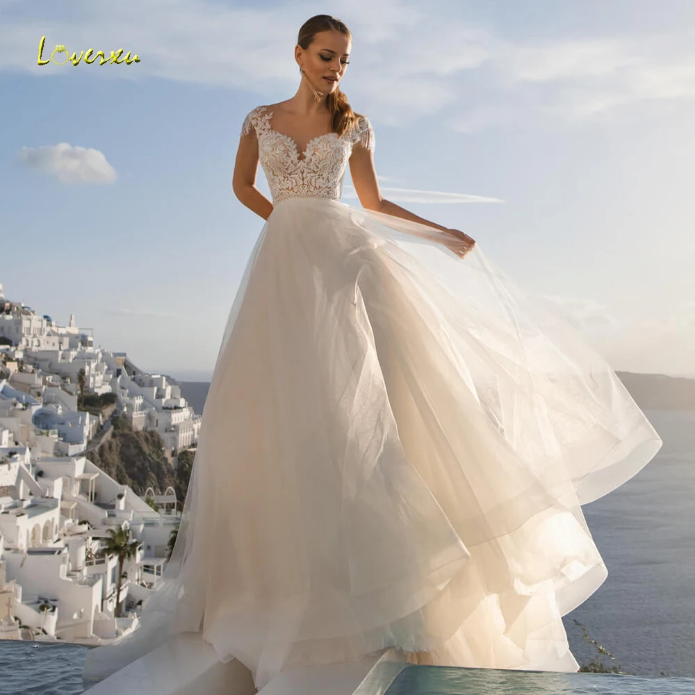 

Женское свадебное платье со шлейфом Loverxu, винтажное кружевное платье с открытой спиной и роскошной аппликацией, ТРАПЕЦИЕВИДНОЕ платье неве...