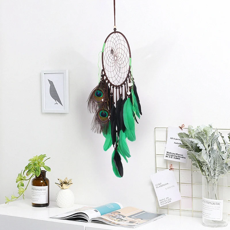 

Peacock Green Catcher's Spirit Ins Wind Dream Net Catcher Bamboo Circle Pure Handmade Dream Net Catcher Bedroom Wall Decoration