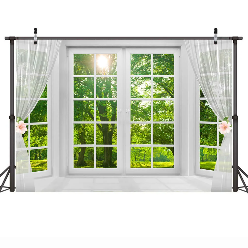 Spring Window Scenery Photography Backdrop White Windowsill Floral Green Forest Natural Photocall Background Wall Newborn Kids |