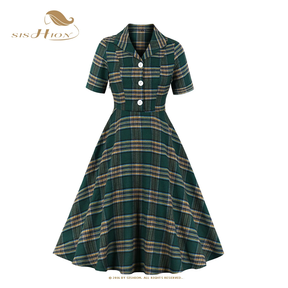 

SISHION Short Sleeve Turn Down Collar Green Plaid Dress VD1744 Women Cotton Vintage Dresses