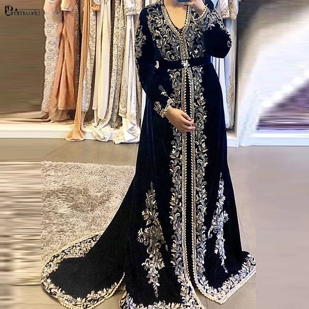 

Марокканское женское вечернее платье, темно-синее бархатное кружевное платье с длинными рукавами, свадебное платье