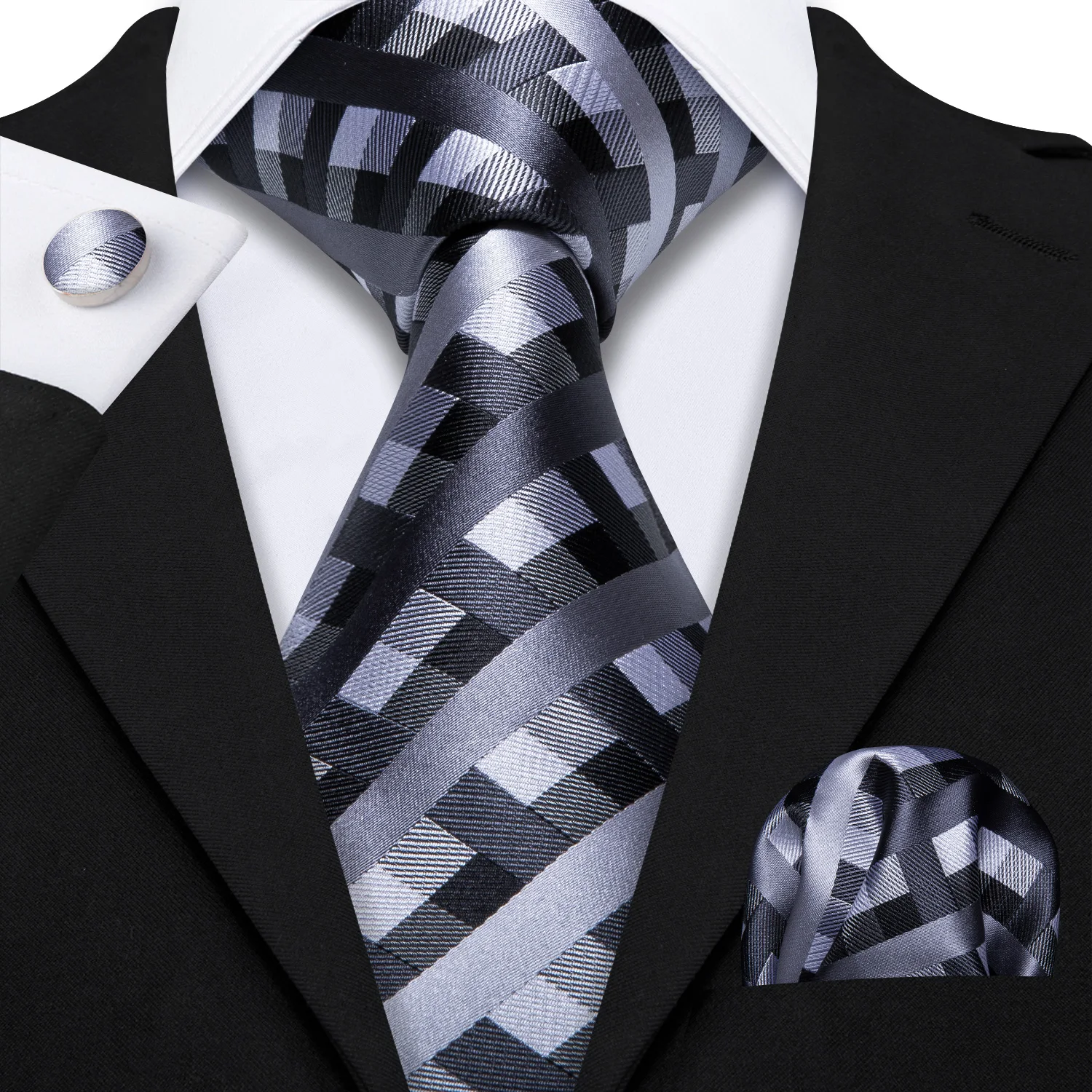 Corbata de seda para hombre, corbata a cuadros, negro, blanco, gris, novedad, conjunto de pañuelo, gemelos para boda, fiesta de negocios, Barry. Wang