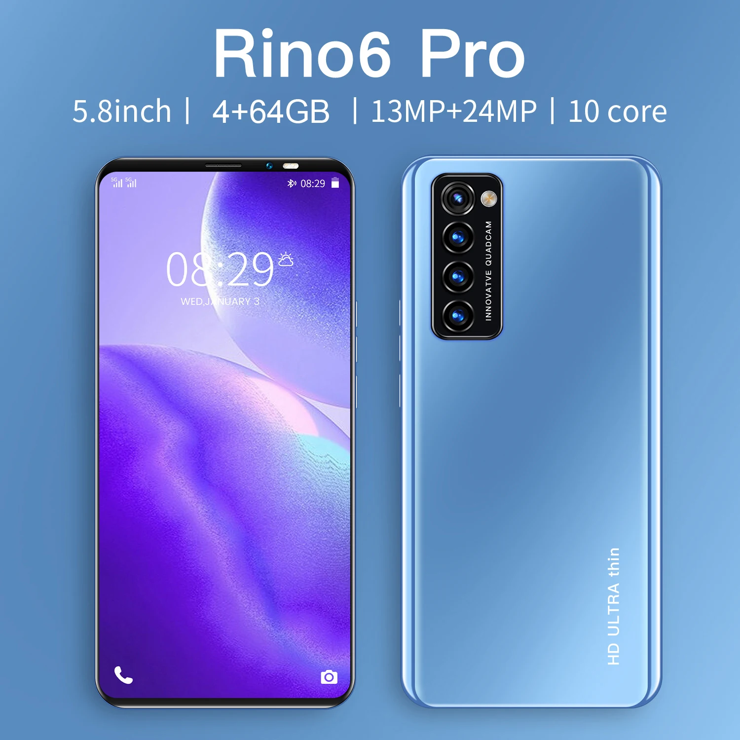 

New Rino6 Pro 5.8 Inch 4800mAh 64/128GB ROM Global 5G Network Andriod10 Dual SIM Cell Phone MTK6889 10 Core 13+24MP Smart Phone