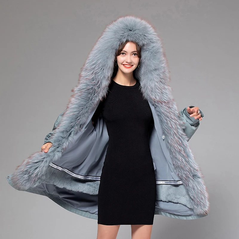 

Зимнее женское пальто высокого качества с воротником из меха енота, роскошное пальто средней длины, подкладка из кроличьего меха Рекс, паль...