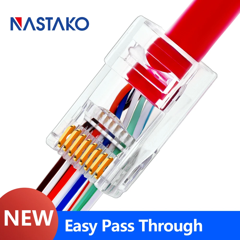 Easy RJ45 Connector Cat5 Cat6 Pass Through Connector UTP 24K Full Gold Plated 3 Prong Modular Plug 8P8C Network Cable Jacks