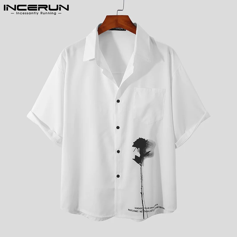

INCERUN 2021 модная мужская рубашка с отворотом, уличная одежда с коротким рукавом Свободные Корейская дышащая обувь; Camisa Masculina повседневные руба...