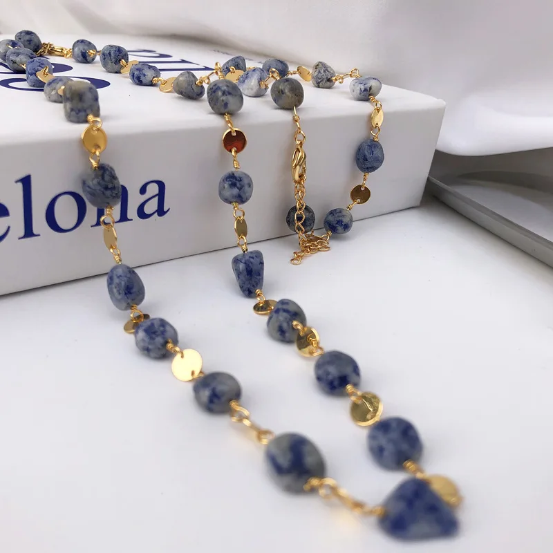 

Amaiyllis 18k Gold Natural Stone Blue Agate Choker Necklace Vintage Fashion Casual Clavicle Necklace Collier Femme Jewelry