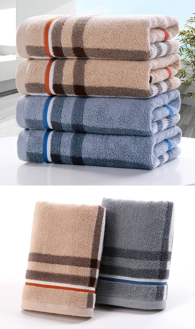 

2 Pieces 100% Cotton Towel Fashion Stripe Simple Thick Soft Face Bath Towel 76x35cm 100gram