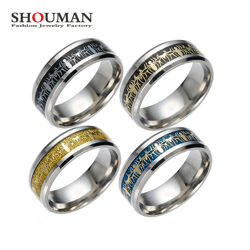 SHOUMAN  Stainless Steel Cool Spider Pattern Inlay Women Man Ring for Teens Boy Encourage Faith Gift Jewelry