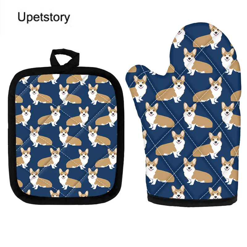 

Изоляционные кухонные варежки Corgi Dog с 3D рисунком, изоляционные перчатки и коврики для приготовления пищи, моющиеся перчатки и коврики 2 в 1 ...