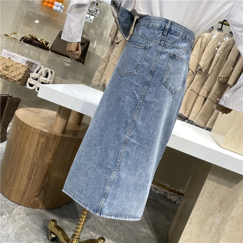 

Irregular Split Denim Skirt 2021 New Hong Kong Style Super High Waist Four Button Slim Hip Skirt Joker Skirt