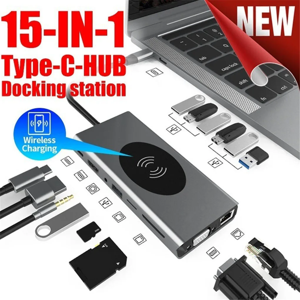 USB концентратор 15/14/13 в 1 с разными портами и беспроводным зарядным устройством 4K
