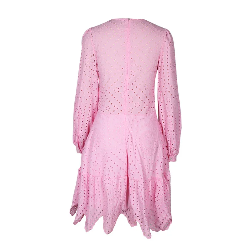 

Elegant Hollow Out Dress Women Vintage Solid Pink Long Sleeve Mini Dress Bodycon O Neck High Waist A-line Dresses Vestidos