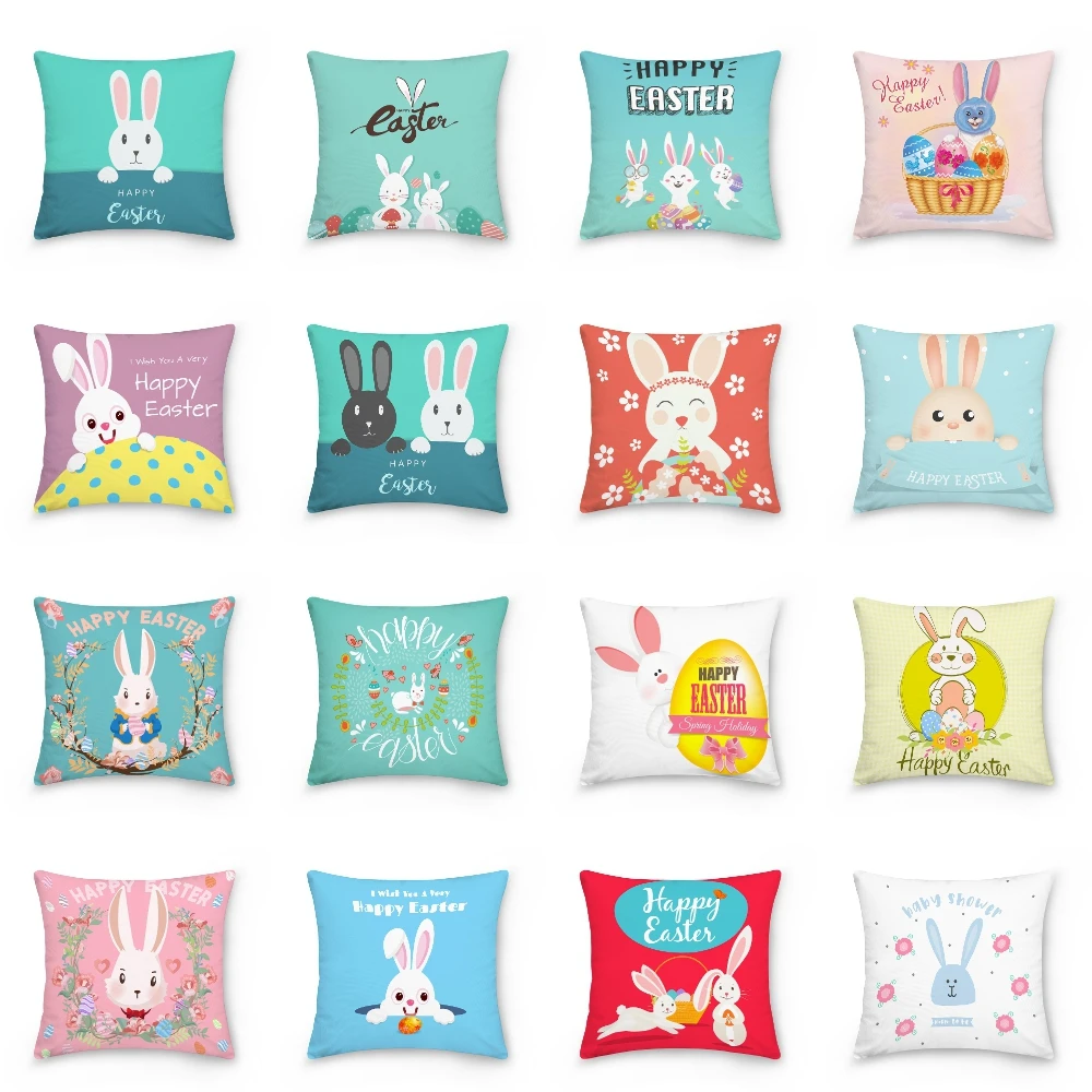 

Happy Easter Pillowcase 45x45cm Rabbit Egg Printed Cushion Covers for Living Room Peach Skin Sofa Cushion Cover Home Decoration