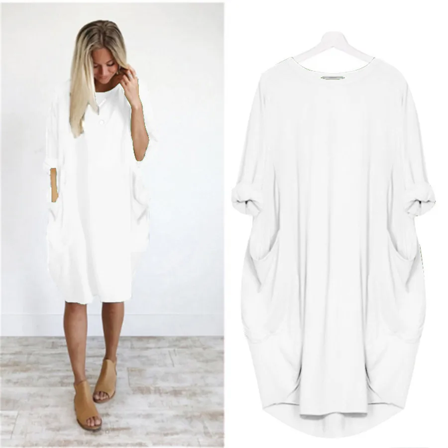 

Plus Size Loose Women Dress O Neck Long Sleeve Solid Ladies Dress with Pockets Undefined