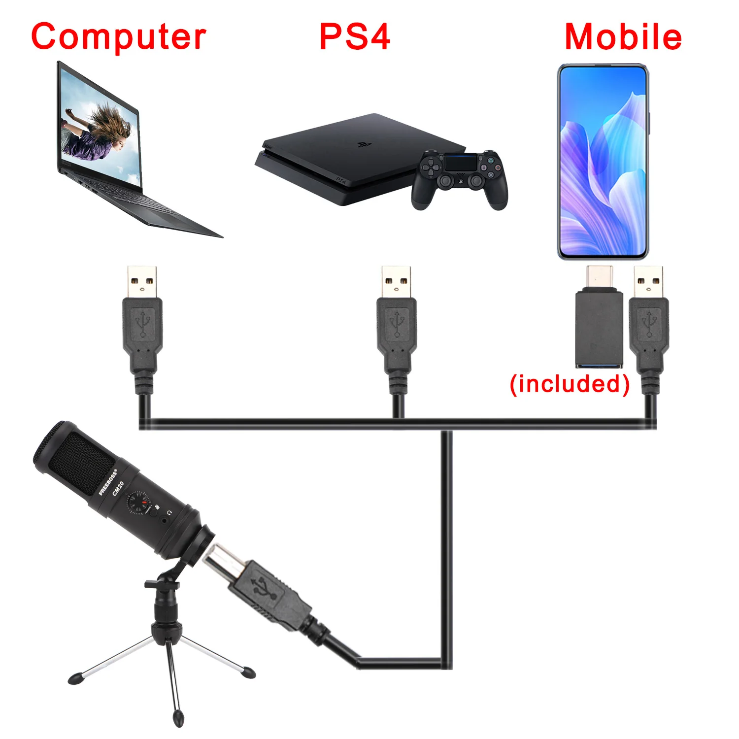 

CM20 Metal Body DV 5V 16bit 48KHz Monitor Mute Low Noise Recording Chat USB PS4 Computer Mobilie Condenser Microphone