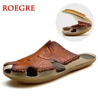 summer men slides breathable genuine leathe mens sandals soft casual shoes comfortable flats man roman style beach sandals